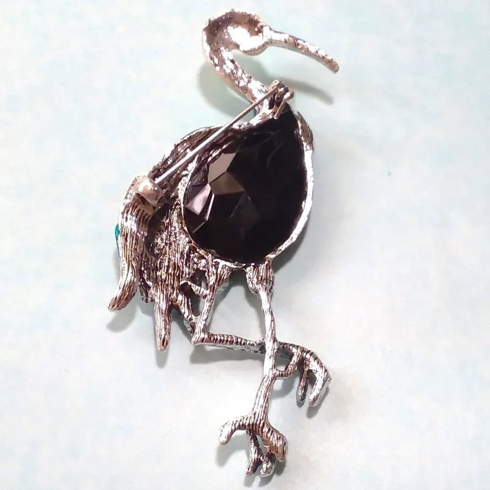 Bird Brooch Enamel Crane Herron Pin Colorful Rhinestone Unique Stylish Glam Gift